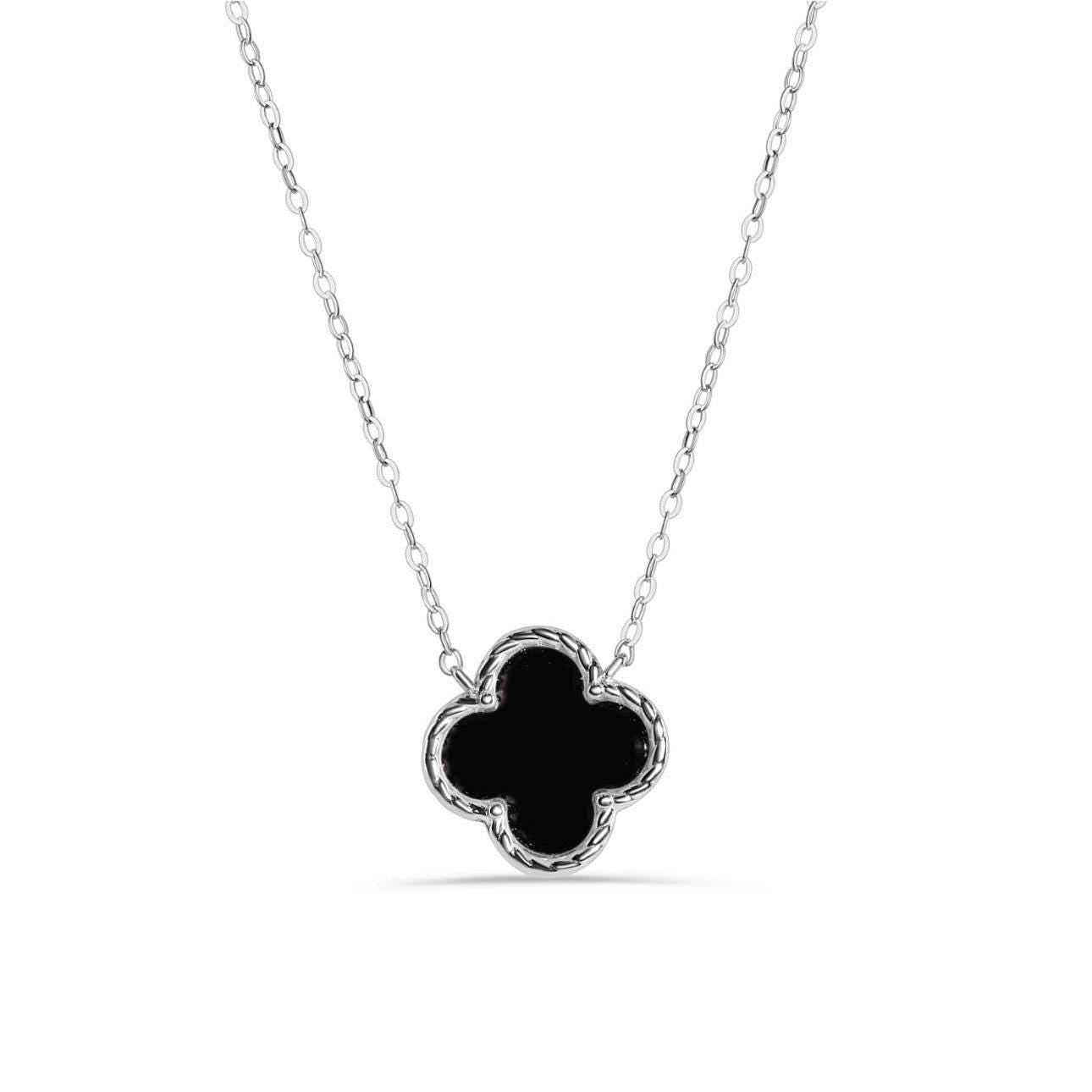 Silver 925 Black Enamel Four Leaf Clover Adjustable Necklace | Double Sided Pendant Necklace | Dainty Fine Jewelry | Perfect Jewelry Gift