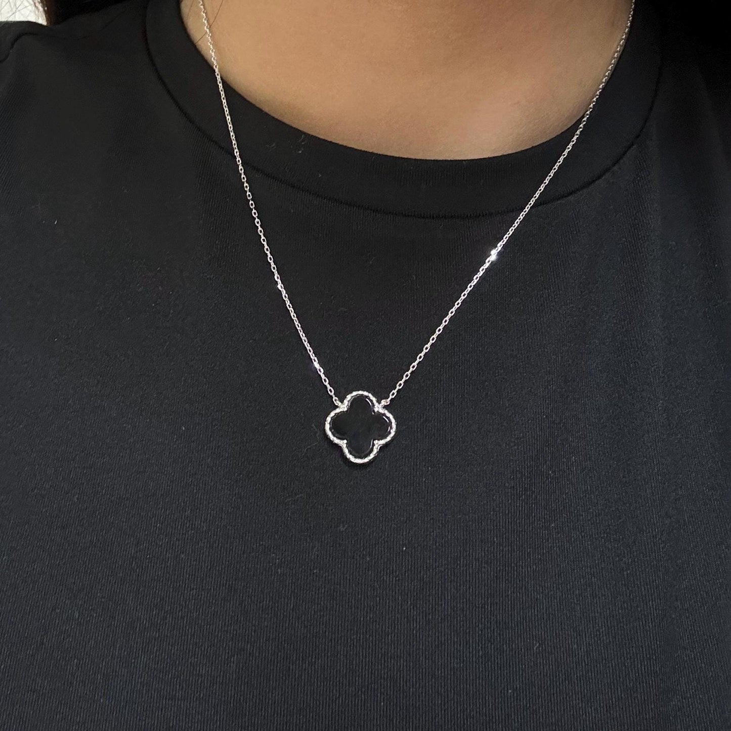 Silver 925 Black Enamel Four Leaf Clover Adjustable Necklace | Double Sided Pendant Necklace | Dainty Fine Jewelry | Perfect Jewelry Gift