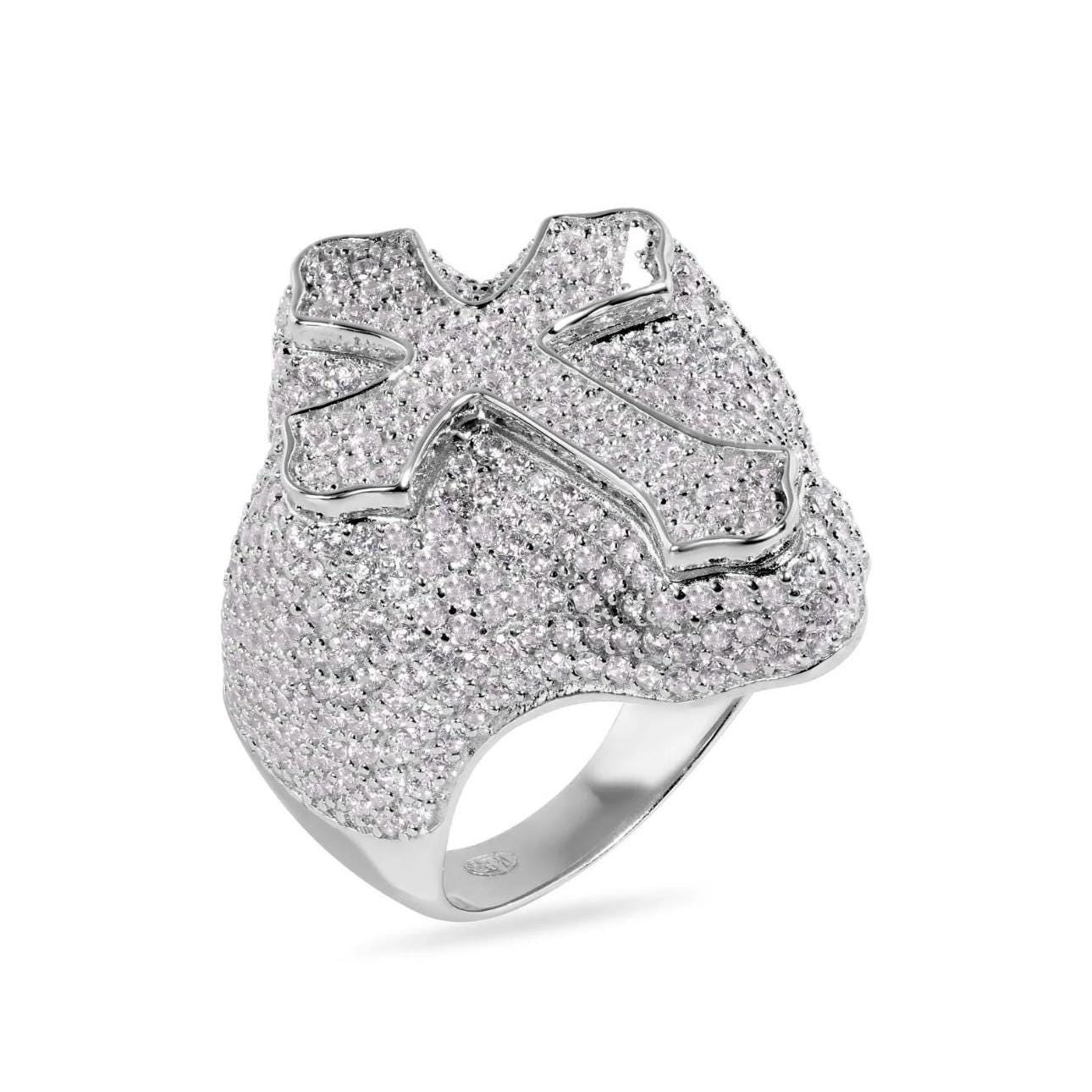 925 Sterling Silver Cross Clear CZ Studded Top 30mm Ring | Iced Out Men’s Silver Ring