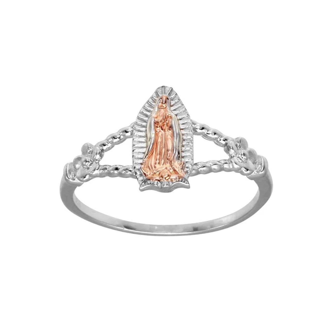 Silver 925 Two-Tone Virgin Mary Flower Ring | Sterling Silver Lady of Guadalupe Open Ring