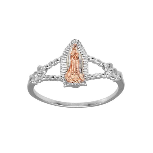 Silver 925 Two-Tone Virgin Mary Flower Ring | Sterling Silver Lady of Guadalupe Open Ring