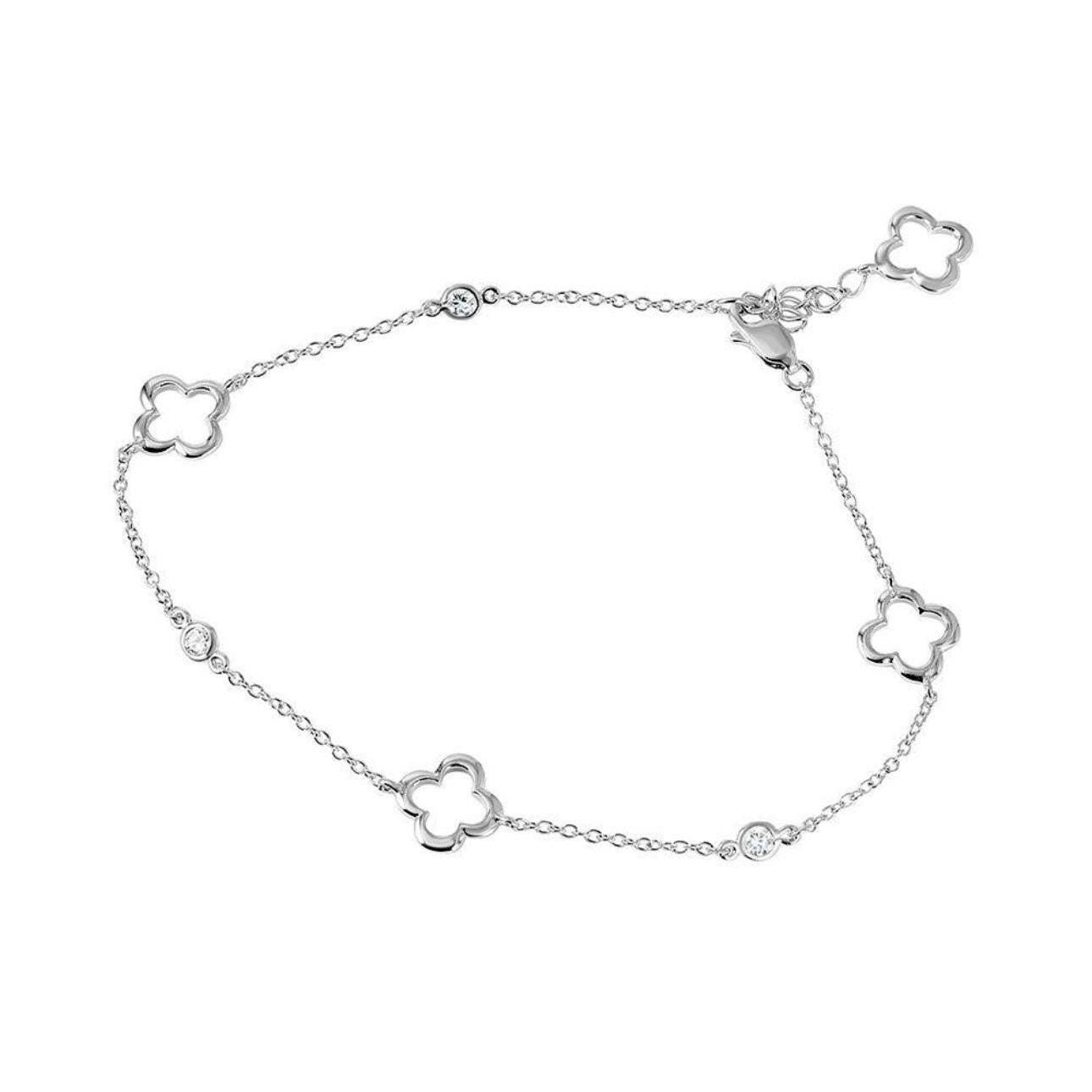 Silver 925 Rhodium Plated Open Flower Clover Anklet | Fine Silver Dainty Jewelry | Lucky Four Leaf Clover Anklet