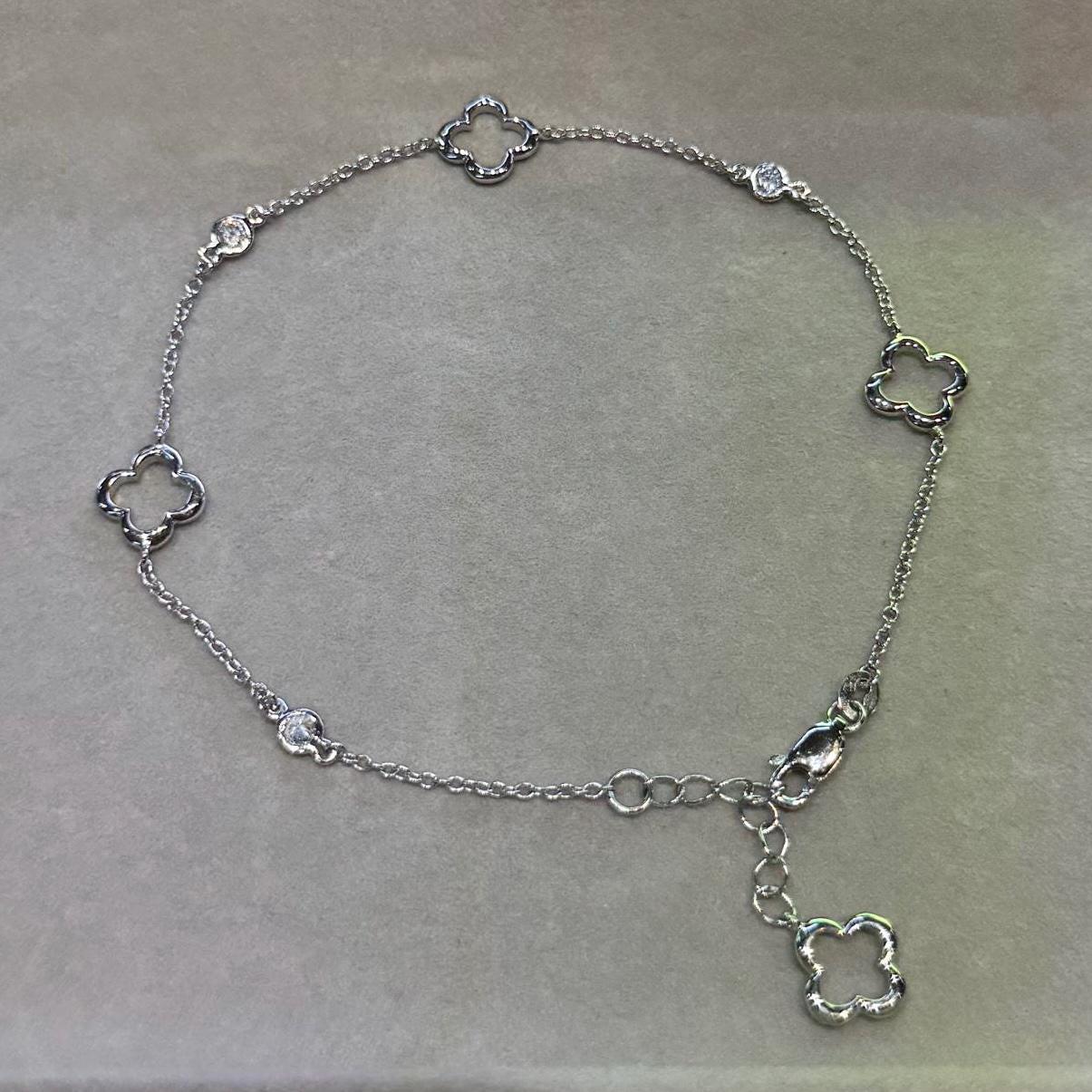 Silver 925 Rhodium Plated Open Flower Clover Anklet | Fine Silver Dainty Jewelry | Lucky Four Leaf Clover Anklet