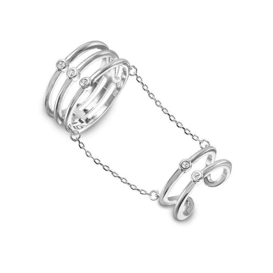 Silver 925 Rhodium Plated 2 Rings in 1 Attached on a Chain | Double Ring | Ring Chain | Stackable Silver Rings