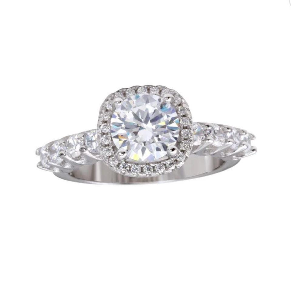 Rhodium Plated 925 Sterling Silver Round CZ Square Shape Halo Ring with CZ | Silver Engagement Promise Ring