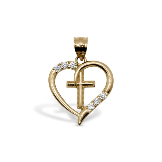 14K Solid Gold Heart Cross Pendant