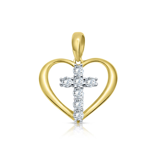 14K Solid Gold Heart Cross Pendant